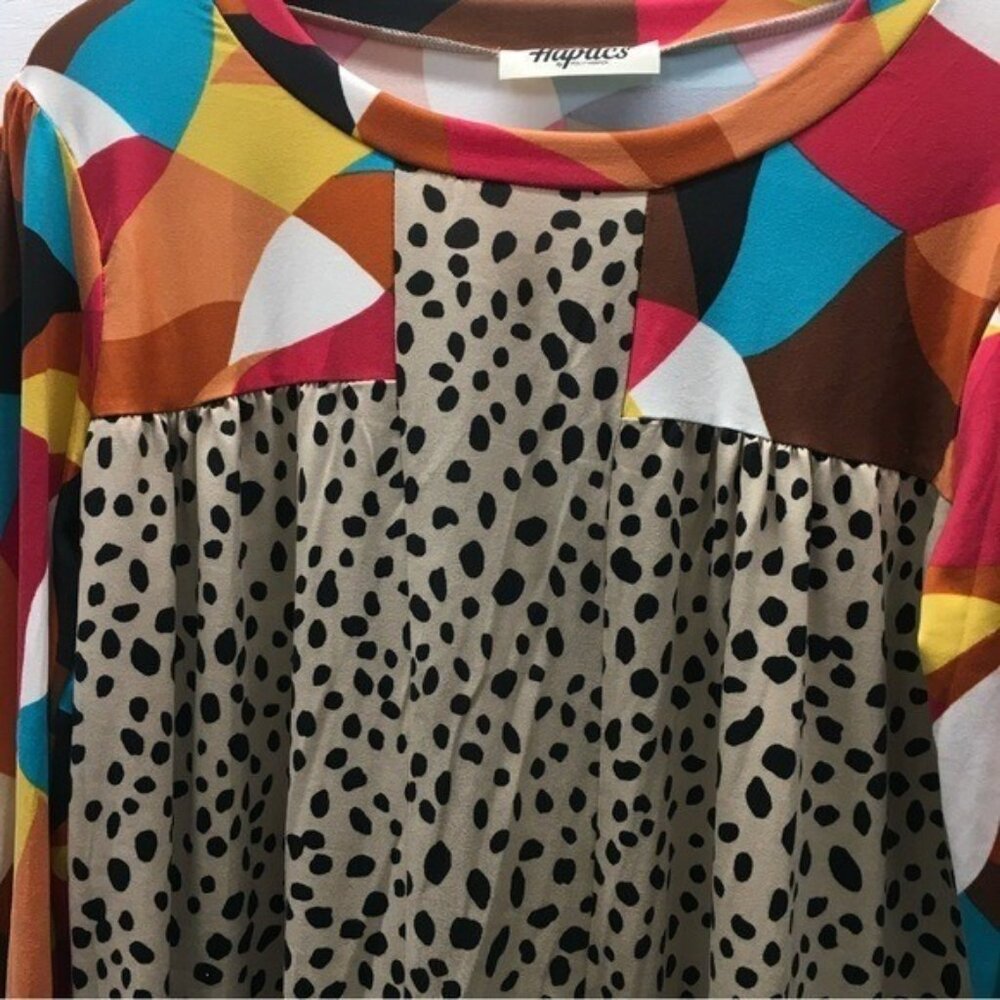 Artsy Geometric Animal Print Top Women Size large Long Sleeve Colorful Boho - Picture 15 of 16